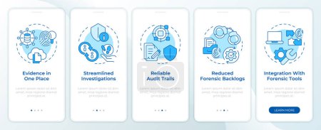 Evidence management benefits blue onboarding mobile app screen. Walkthrough 5 steps editable graphic instructions with linear concepts. UI, UX, GUI template. Montserrat SemiBold, Regular fonts used
