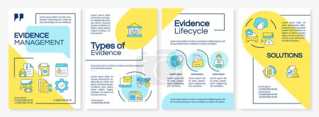 Evidence organization blue and yellow brochure template. Leaflet design with linear icons. Editable 4 vector layouts for presentation, annual reports. Questrial, Lato-Regular fonts use