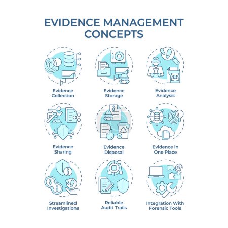 Evidence management soft blue concept icons. Forensic analysis, judicial system. Technological advancement. Icon pack. Vector images. Round shape illustrations for infographic. Abstract idea