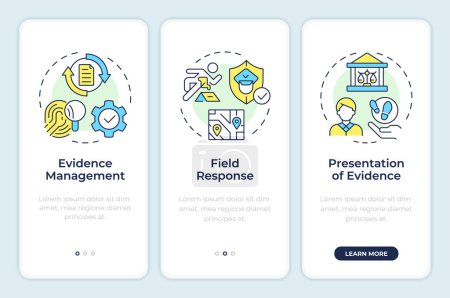 Legal evidence process onboarding mobile app screen. Walkthrough 3 steps editable graphic instructions with linear concepts. UI, UX, GUI template. Montserrat SemiBold, Regular fonts used