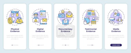 Evidence types onboarding mobile app screen. Digital forensics. Walkthrough 5 steps editable graphic instructions with linear concepts. UI, UX, GUI template. Montserrat SemiBold, Regular fonts used