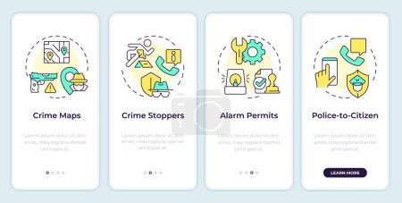 Crime prevention tools onboarding mobile app screen. Walkthrough 4 steps editable graphic instructions with linear concepts. UI, UX, GUI template. Montserrat SemiBold, Regular fonts used