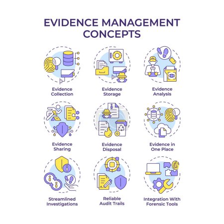 Evidence management multi color concept icons. Forensic analysis, judicial system. Technological advancement. Icon pack. Vector images. Round shape illustrations for infographic. Abstract idea