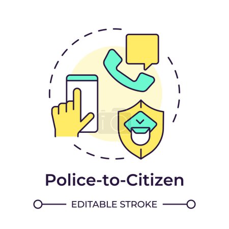 Police to citizen multi color concept icon. Public safety, law enforcement. Justice system. Round shape line illustration. Abstract idea. Graphic design. Easy to use in infographic, presentation