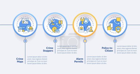 Public security circle infographic template. Crime stoppers. Data visualization with 4 steps. Editable timeline info chart. Workflow layout with line icons. Lato-Bold, Regular fonts used