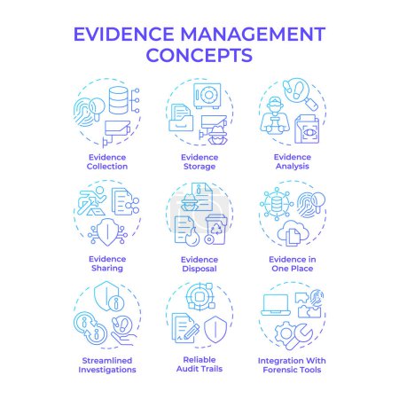 Evidence management blue gradient concept icons. Forensic analysis, judicial system. Technological advancement. Icon pack. Vector images. Round shape illustrations for infographic. Abstract idea