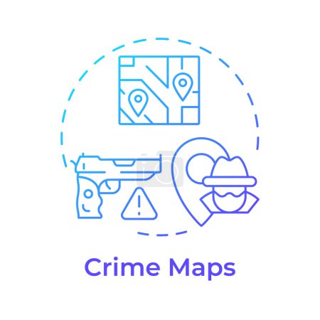 Kriminalitätskarten blaues Gradienten-Konzept-Symbol. Öffentliche Sicherheit. Rechtsdurchsetzung, Online-Werkzeug. Abbildung der runden Formlinie. Abstrakte Idee. Grafikdesign. Einfache Bedienung in Infografik, Präsentation
