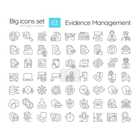 Evidence management linear icons set. Surveillance footage, digital investigations. Forensic analysis. Customizable thin line symbols. Isolated vector outline illustrations. Editable stroke