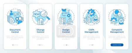 QMS organization blue onboarding mobile app screen. Walkthrough 5 steps editable graphic instructions with linear concepts. UI, UX, GUI template. Montserrat SemiBold, Regular fonts used