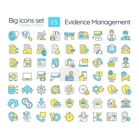 Evidence management RGB color icons set. Forensic analysis, cybersecurity. Criminal investigation. Isolated vector illustrations. Simple filled line drawings collection. Editable stroke