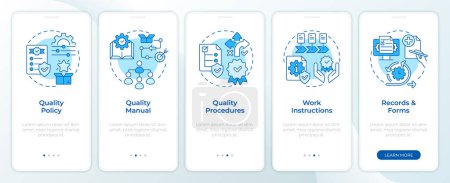 QMS documents blue onboarding mobile app screen. Walkthrough 5 steps editable graphic instructions with linear concepts. UI, UX, GUI template. Montserrat SemiBold, Regular fonts used