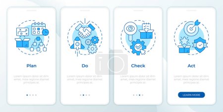 PDCA system blue onboarding mobile app screen. Walkthrough 4 steps editable graphic instructions with linear concepts. UI, UX, GUI template. Montserrat SemiBold, Regular fonts used