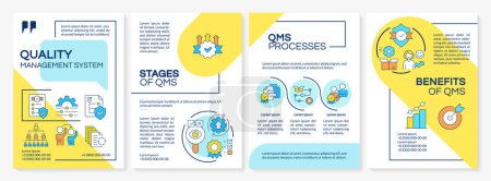 QMS benefits blue and yellow brochure template. Capa management. Leaflet design with linear icons. Editable 4 vector layouts for presentation, annual reports. Questrial, Lato-Regular fonts used