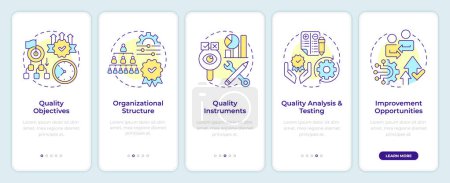 Quality management system elements onboarding mobile app screen. Walkthrough 5 steps editable graphic instructions with linear concepts. UI, UX, GUI template. Montserrat SemiBold, Regular fonts used