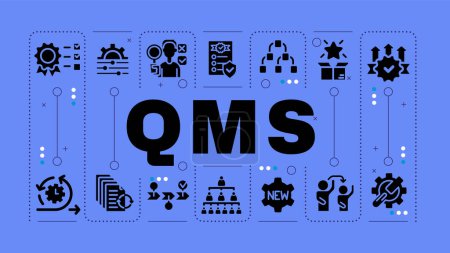 QMS blue word concept. Quality analysis, improvement opportunities. Resource planning, smart goals. Visual communication. Vector art with lettering text, editable glyph icons. Hubot Sans font used