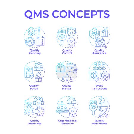 QMS Blue Gradient Concept Symbole. Qualitätskontrolle, betriebliche Konsistenz. Unternehmensstruktur. Symbolpack. Vektorbilder. Illustrationen in runder Form für Infografik, Präsentation. Abstrakte Idee