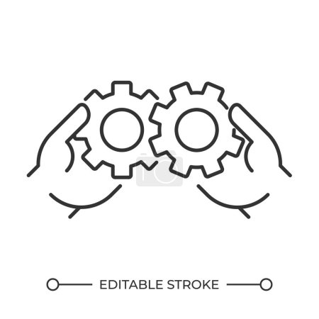 Collaboration linear icon. Hands holding gears. Symbol of teamwork and collective work. Process optimization. Thin line illustration. Contour symbol. Vector outline drawing. Editable stroke