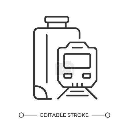 Train travel linear icon. Train and suitcase. Urban transport. Communting. Train station. Eco friendly travel. Thin line illustration. Contour symbol. Vector outline drawing. Editable stroke