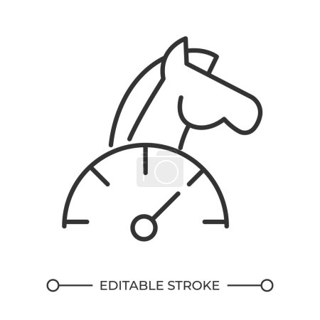 Horsepower linear icon. Horse and speedometer. Power measurement. Vehicle performance. Motor strength and efficiency. Thin line illustration. Contour symbol. Vector outline drawing. Editable stroke