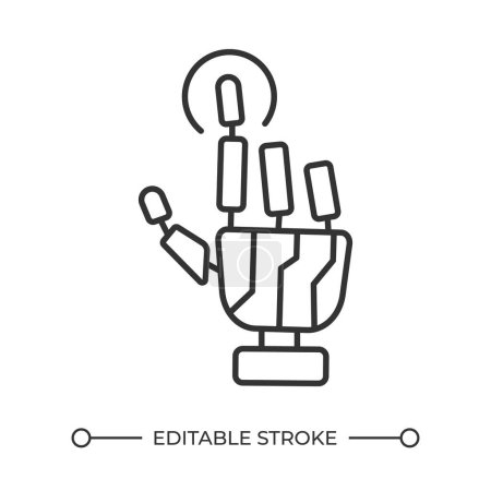 Robotic touch linear icon. Bionic hand taps screen. Artificial limb. Artificial intelligence concept. Thin line illustration. Contour symbol. Vector outline drawing. Editable stroke