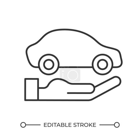 Car insurance linear icon. Hand holding car. Selling automobile. Car ownership. Commercial offer. Buying vehicle. Thin line illustration. Contour symbol. Vector outline drawing. Editable stroke