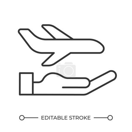 Travel insurance linear icon. Transportation service. Plane trip. Airline services. Hand holds airplane. Thin line illustration. Contour symbol. Vector outline drawing. Editable stroke