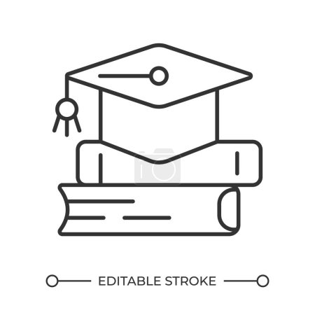 Education linear icon. Academic cap and books stack. Learning symbol. Higher education. Academic success. Thin line illustration. Contour symbol. Vector outline drawing. Editable stroke