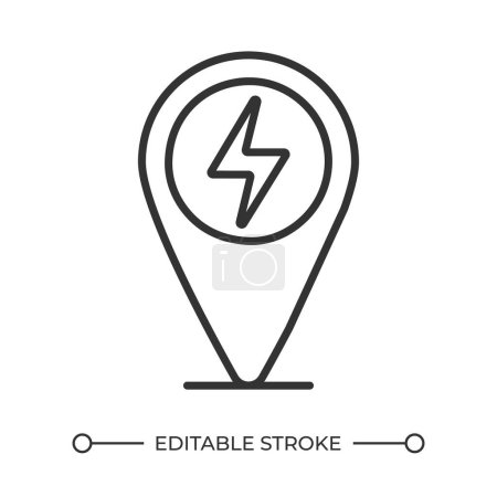 Charging station location linear icon. Electric vehicle charging. Lightning bolt and map maker. Electric car service. Thin line illustration. Contour symbol. Vector outline drawing. Editable stroke