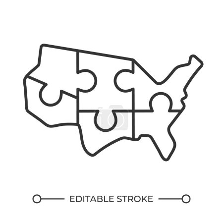 National unity linear icon. Abstract map of the United States. Regional interdependence. Puzzle pieces. Thin line illustration. Contour symbol. Vector outline drawing. Editable stroke