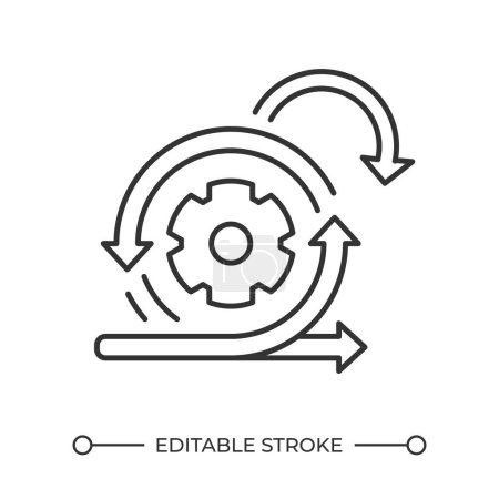 Agile development linear icon. Rotating gear and arrows icon. Different directions. Project management. Thin line illustration. Contour symbol. Vector outline drawing. Editable stroke