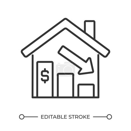 Decrease in home prices linear icon. Economic crisis and downturn. Real estate market. Mortgage rates. Thin line illustration. Contour symbol. Vector outline drawing. Editable stroke