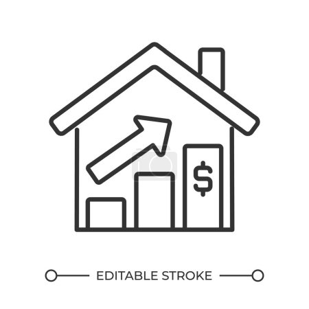 Increase in home prices linear icon. Upward trend graph and a dollar sign. Economic growth. Real estate market. Thin line illustration. Contour symbol. Vector outline drawing. Editable stroke