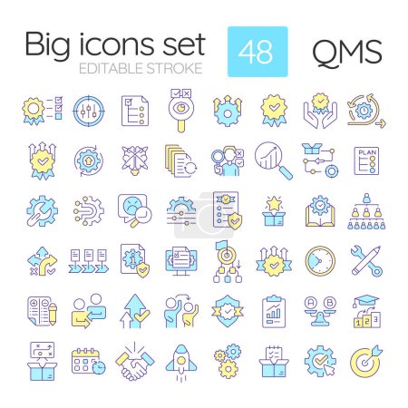 QMS RGB color icons set. Quality management, smart goals. Organizational structure, performance improvement. Isolated vector illustrations. Simple filled line drawings collection. Editable stroke