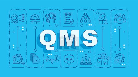 QMS blue word concept. Smart objectives, quality metrics. Company organization, project management. Horizontal vector image. Headline text surrounded by editable outline icons. Hubot Sans font used