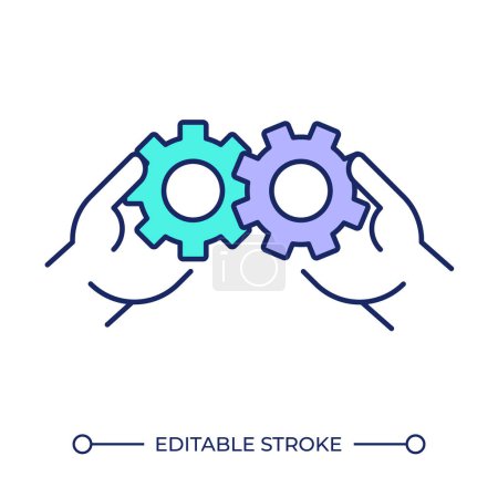 Collaboration RGB color icon. Hands holding gears. Symbol of teamwork and collective work. Process optimization. Isolated vector illustration. Simple filled line drawing. Editable stroke