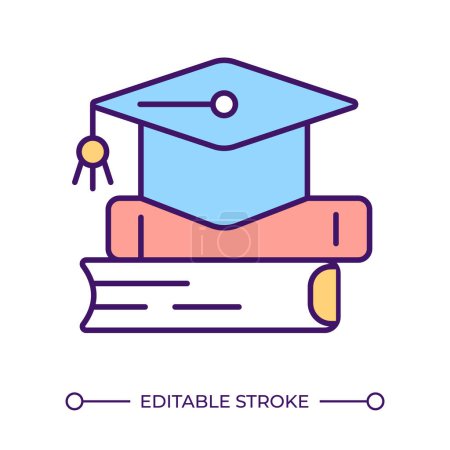 Education RGB color icon. Academic cap and books stack. Learning symbol. Higher education. Academic success. Isolated vector illustration. Simple filled line drawing. Editable stroke