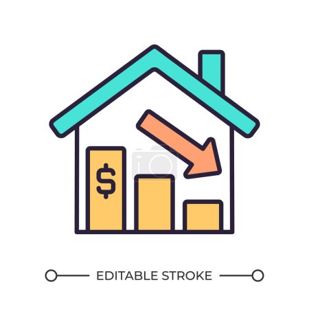Decrease in home prices RGB color icon. Economic crisis and downturn. Real estate market crisis. Mortgage rates. Isolated vector illustration. Simple filled line drawing. Editable stroke