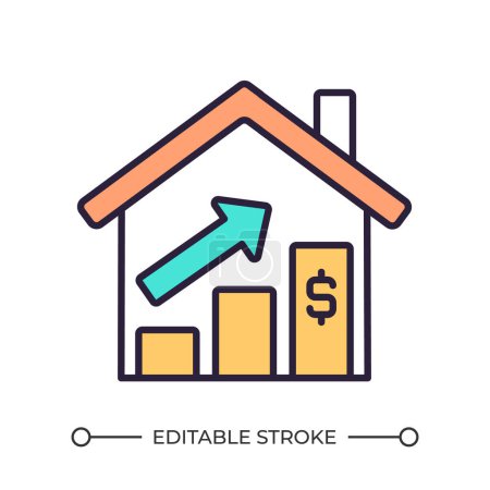 Increase in home prices RGB color icon. Upward trend graph and a dollar sign. Economic growth. Real estate market. Isolated vector illustration. Simple filled line drawing. Editable stroke