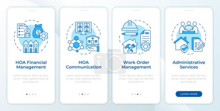 HOA services blue onboarding mobile app screen. Walkthrough 4 steps editable graphic instructions with linear concepts. UI, UX, GUI template. Montserrat SemiBold, Regular fonts used