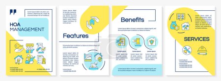 Home owner association benefits blue and yellow brochure template. Leaflet design with linear icons. Editable 4 vector layouts for presentation, annual reports. Questrial, Lato-Regular fonts used