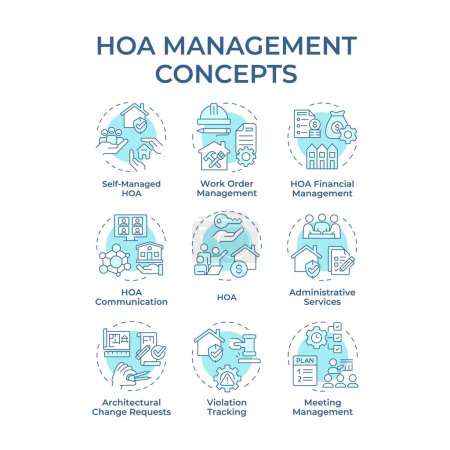 HOA management soft blue concept icons. Administrative services, association community. Icon pack. Vector images. Round shape illustrations for infographic, presentation. Abstract idea
