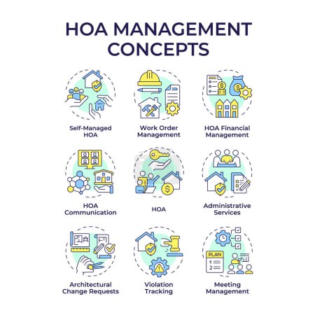 HOA management multi color concept icons. Administrative services, association community. Icon pack. Vector images. Round shape illustrations for infographic, presentation. Abstract idea
