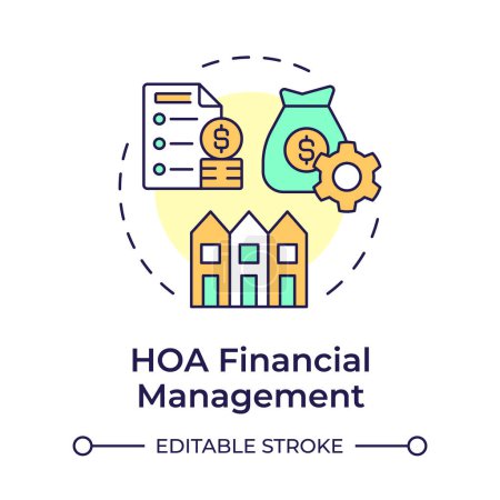 HOA Finanzmanagement Multi-Color-Konzept Symbol. Verwaltungsunterstützung, Service. Abbildung der runden Formlinie. Abstrakte Idee. Grafikdesign. Einfache Bedienung in Infografik, Präsentation
