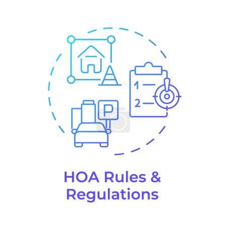 HOA reglas y regulaciones azul gradiente icono de concepto. Gestión de la propiedad, apoyo administrativo. Ilustración de línea de forma redonda. Una idea abstracta. Diseño gráfico. Fácil de usar en infografía