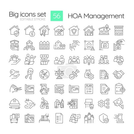 HOA management linear icons set. Association community, violation tracking. Administrative support. Customizable thin line symbols. Isolated vector outline illustrations. Editable stroke