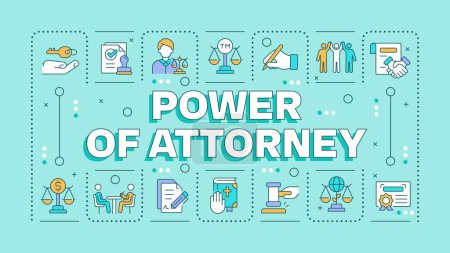 Power of attorney light blue word concept. Legal document. Trusted person. Scales of justice. Typography banner. Vector illustration with title text, editable icons color. Hubot Sans font used