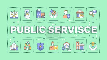 Public service green word concept. Government services. Law enforcement and healthcare. Typography banner. Vector illustration with title text, editable icons color. Hubot Sans font used