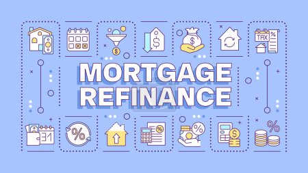 Mortgage refinancing purple word concept. Interest rates. Financial planning. Debt consolidation. Typography banner. Vector illustration with title text, editable icons color. Hubot Sans font used