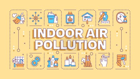 Indoor air pollution yellow word concept. Home air quality. Dust and allergens. Respiratory health. Typography banner. Vector illustration with title text, editable icons color. Hubot Sans font used