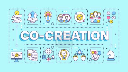 Co-creation blue word concept. Teamwork collaboration. Creative process. Product design. Typography banner. Vector illustration with title text, editable icons color. Hubot Sans font used